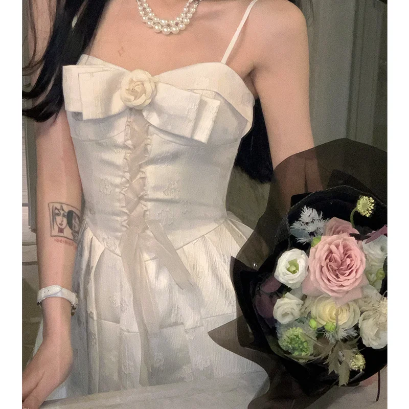 Women\'s Dress Apricot Short Skirt Spring French Fashion Suspender Dress Women\'s Bow Chic Design Ball Gown Camisole Dress White