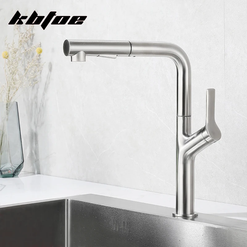 

Brushed Nickel Kitchen Faucet Pull Out 360 Rotation Deck Mounted Hot and Cold Water Spray Sink Mixer Taps Vessel Faucet Crane