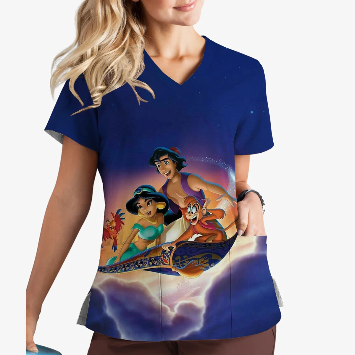 2024 New Princess Jasmine Print V-Neck Print Scrub Top Short Sleeve Top Hospital Nurse Caregiver Pet Shop Work Uniform