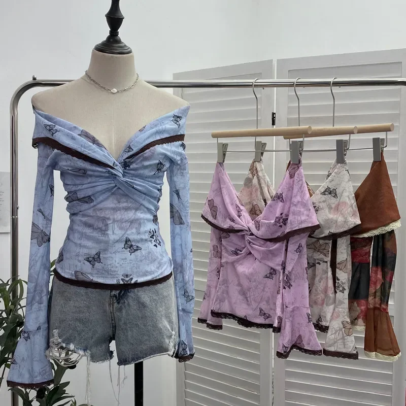 Vintage Oil Painting Printed Women T-Shirt Harajuku Tie-Dye Slash Neck Pleated Top Korean Chic Long Sleeve Lapel Tees New