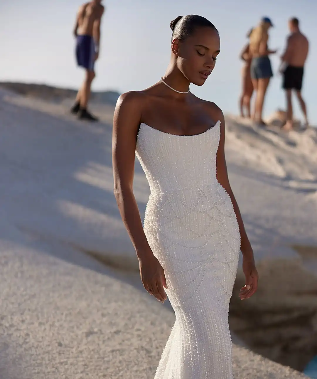 

Customized Strapless Corset Bodycon Fit Detachable Train Modern Sleek Wedding Dress Minimalist Chic Bridal Gown Formal Party