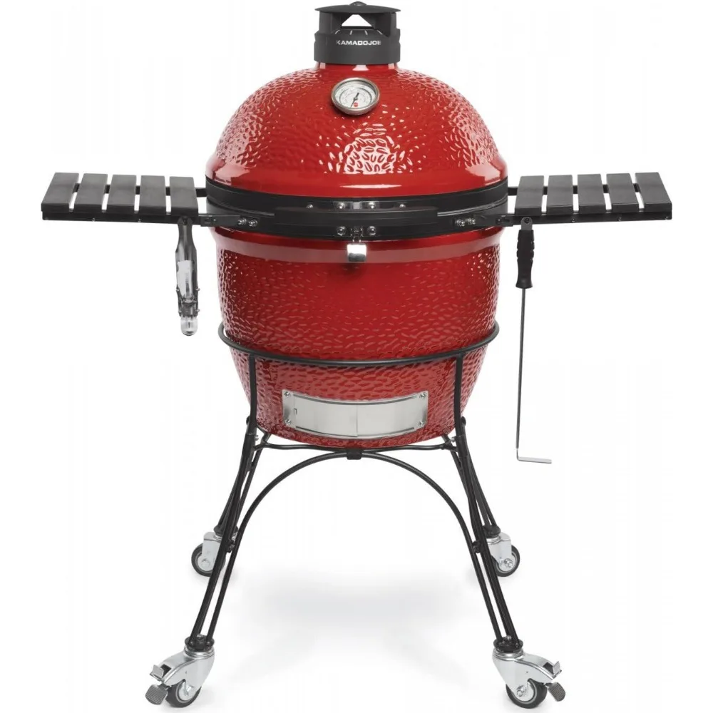 NEW-Kamado Joe KJ23RHC Classic Joe II 18-inch Charcoal Grill with Cart and Side Shelves, Blaze Red