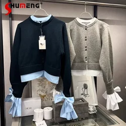 Japanese Style Gray Short Knitted Cardigan Jacket Women's Autumn Winter Elegant Fake Two-piece Shirt Ladies Splicing Sweet Coat