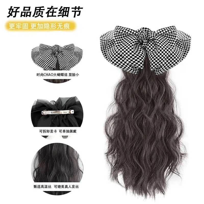 Fashionable New Women\'s Synthetic Grab Clip Ponytail Wig with Bow Hairpin Wavy Curly Ponytail Hair Extension