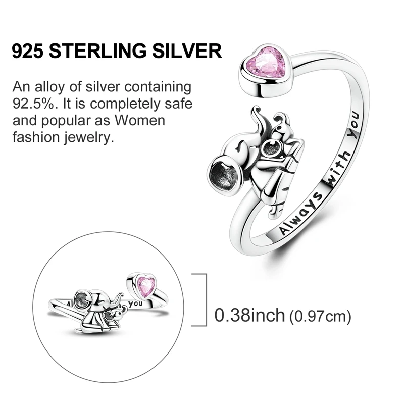 Original 925 Sterling Silver Elephant Parent-Child Open Rings For Women Girls Jewelry Birthday Anniversary Gifts