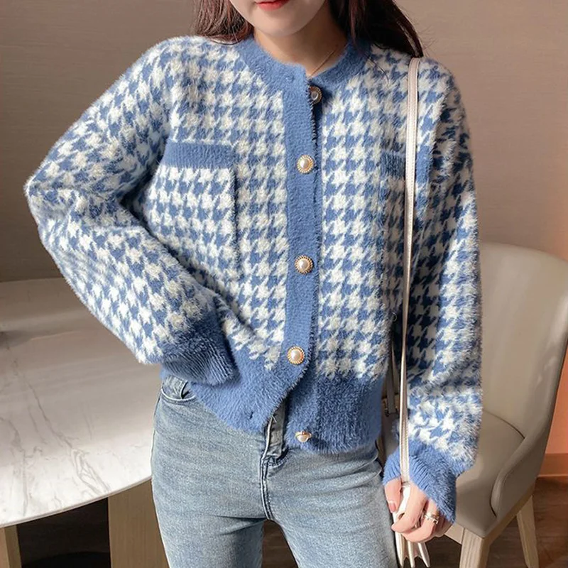 GIDYQ Plaid Knitted Cardigan Women Sweet Single Breasted Pearl Button Imitation Mink Student Short Sweater Fashion Casual Coat