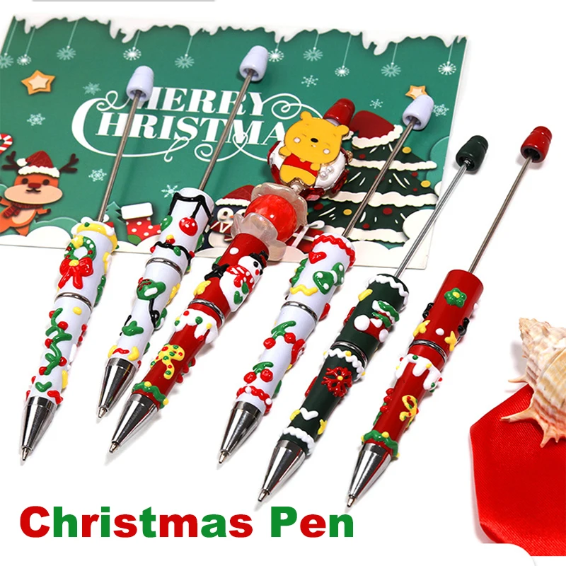 

5 шт., рождественская ручка с ручным рисунком из бисера, шариковая ручка с мультяшными бусинами, новый Санта-Клаус, подарочные ручки с росписью из бисера, школьные принадлежности для рукоделия