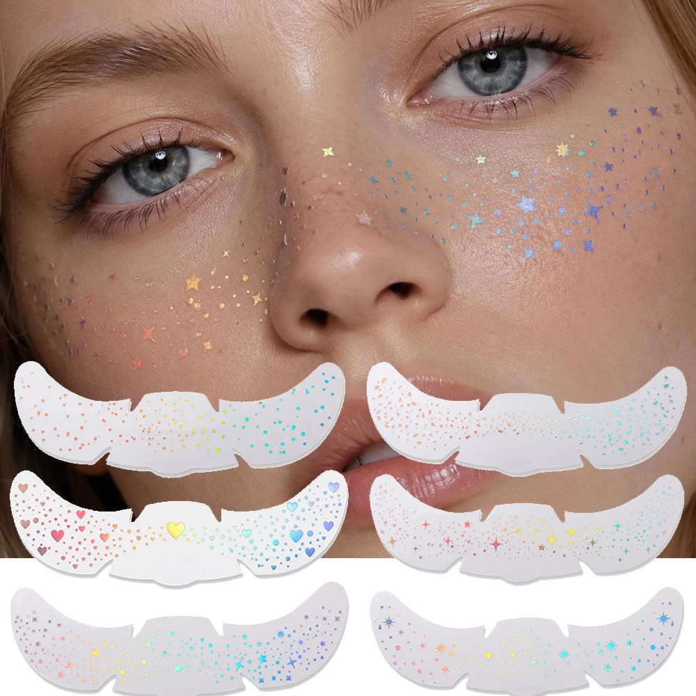 6 Sheets Glitter Freckles Holographic Stickers Waterproof Temporary Tattoos Face Decals Star Dot Metallic Foil Makeup Stickers
