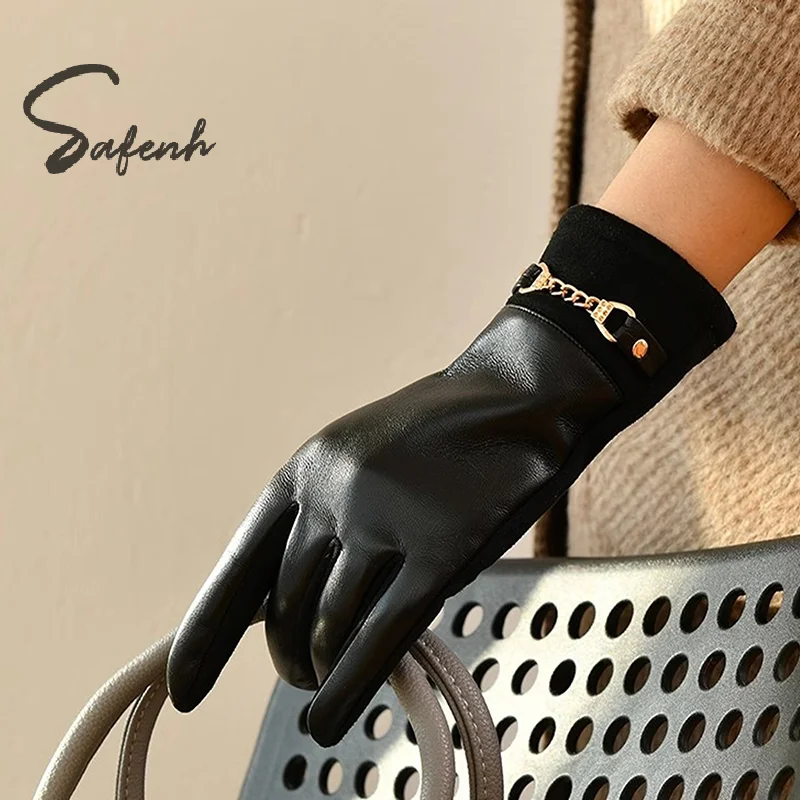 

1 пара роскошных женских перчаток из белковой кожи на флисовой подкладке, зимние велосипедные ветрозащитные, сохраняющие тепло, элегантные перчатки с сенсорным экраном