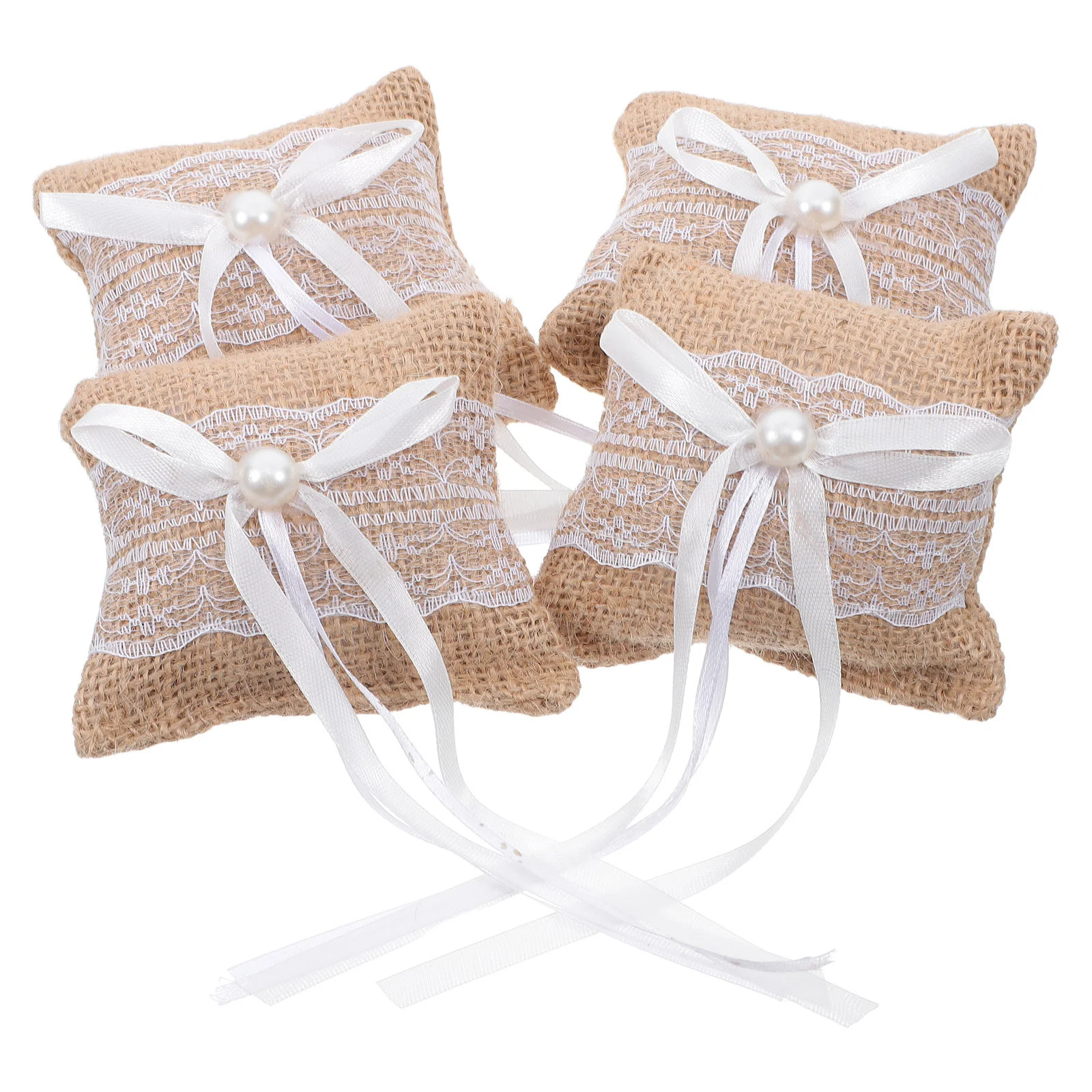 

4Pcs Burlap Lace Wedding Ring Pillow Rustic Ring Bearer Cushion for Engagement Ceremony Proposal Wedding Rings Pillow Box