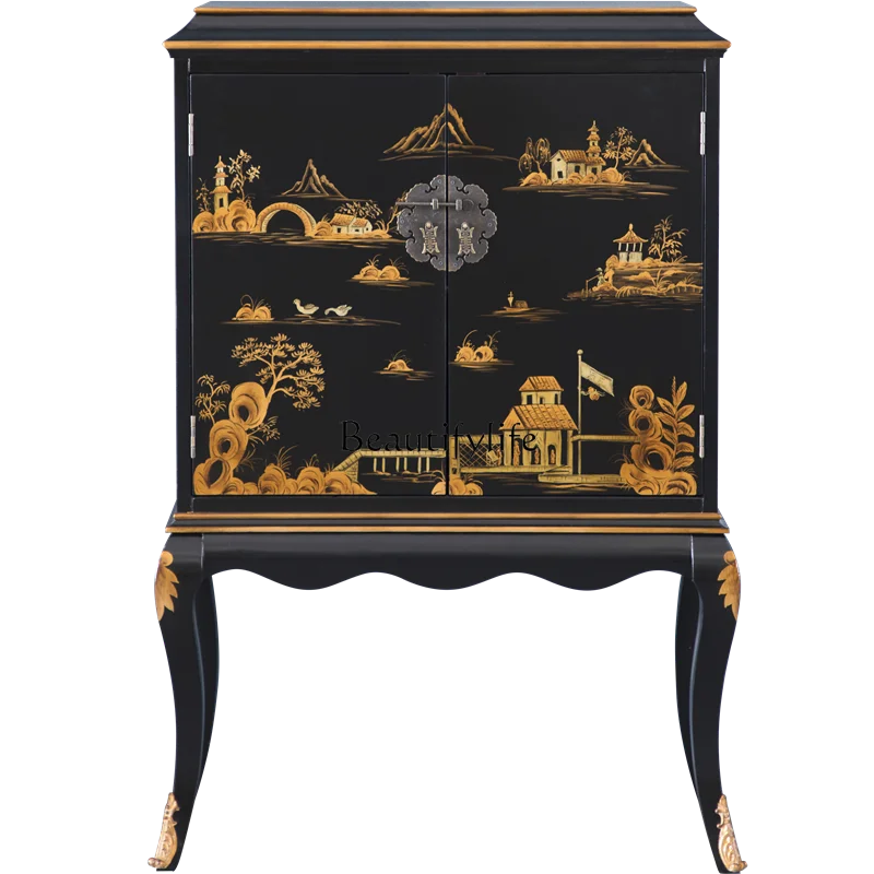 American Art Tonality Entrance Cabinet Affordable Luxury Style Solid Wood Landscape Painting Storage Chinese Style Curio Cabinet