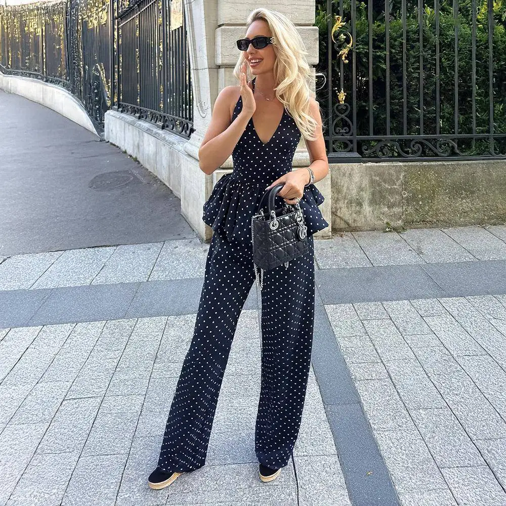 

Polka Dot Print Long Pants Set Trendy Halter Neck Strap Wide Leg Pants Ensemble for Young Women Summer Casual Outfit