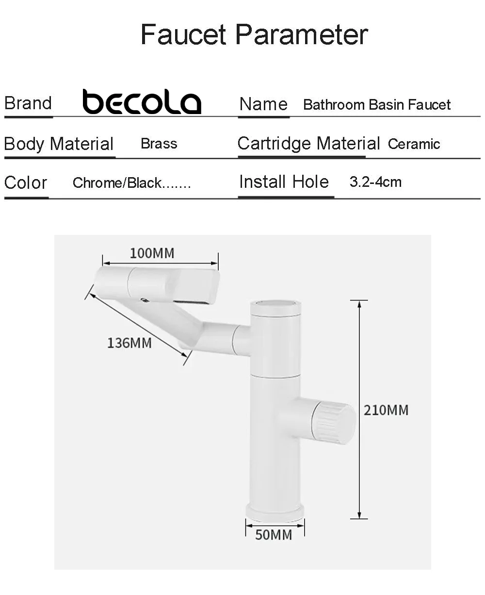 Becola Diseño creativo Grifo de lavabo giratorio universal Lavado de baño Estilo contemporáneo Robusto y duradero Tres colores opcionales