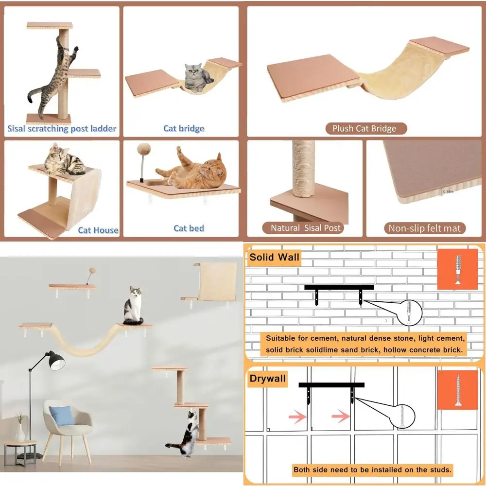 

Wall-Mounted Solid Wood Cat Furniture with Scratching Post, Hammock, Jumping Boards, Steps, Condo, and Felt Pads for Cats to Cli