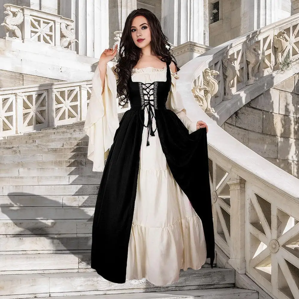 1 Set Halloween Dress Shirring Edge Square Neck Tight Waist Halloween Costume Flowy Sleeves Lace-up Renaissance Loyal Dress