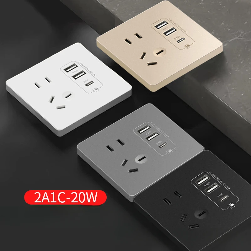 AU Wall Sockets 2 USB 5V 3A 1 1 Outlets Type-c PD 20W Quick Charge QC 86mm  AC 110v 220v 2500W 10A Black White Grey Home Socket