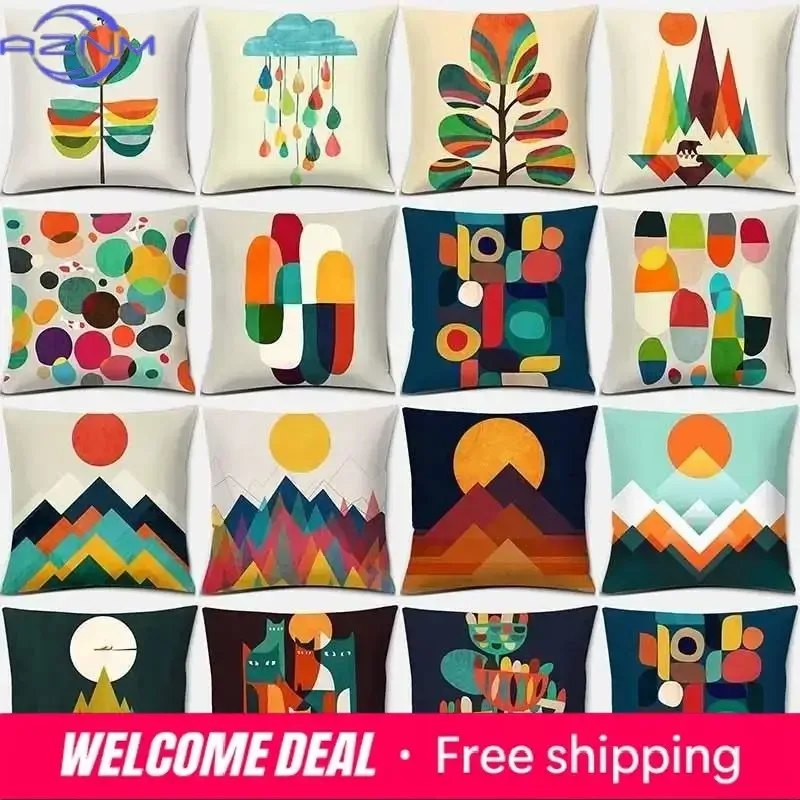Abstract Colorful Wildflower Mountain Geometric Square Peach Skin Pillowcase Home Decoration Car Sofa Cushion Cover