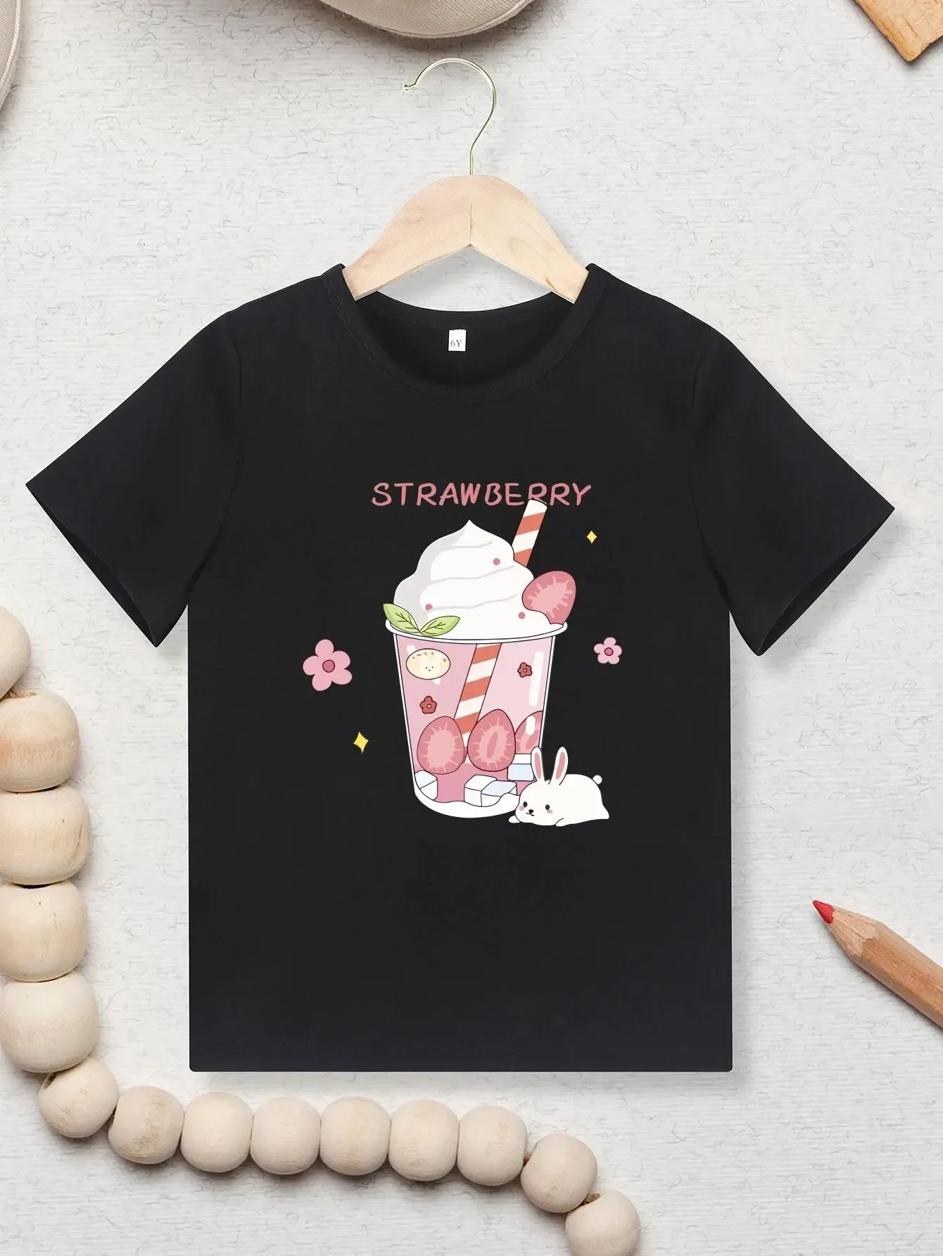 

Girls Cute Shirt Strawberry LCE Cream Print Short Sleeve Kids T-Shirt Casual Tops For Vacation Outfit Clothes