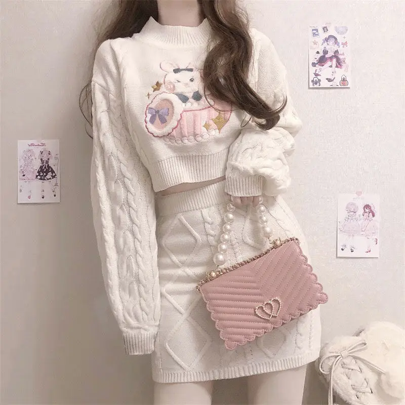 Y2K O-Neck Short Sweater Cartoon Embroidery Japan Style Kawaii Women Long Sleeve Pullovers White Knitted Skirts High Waist Sets