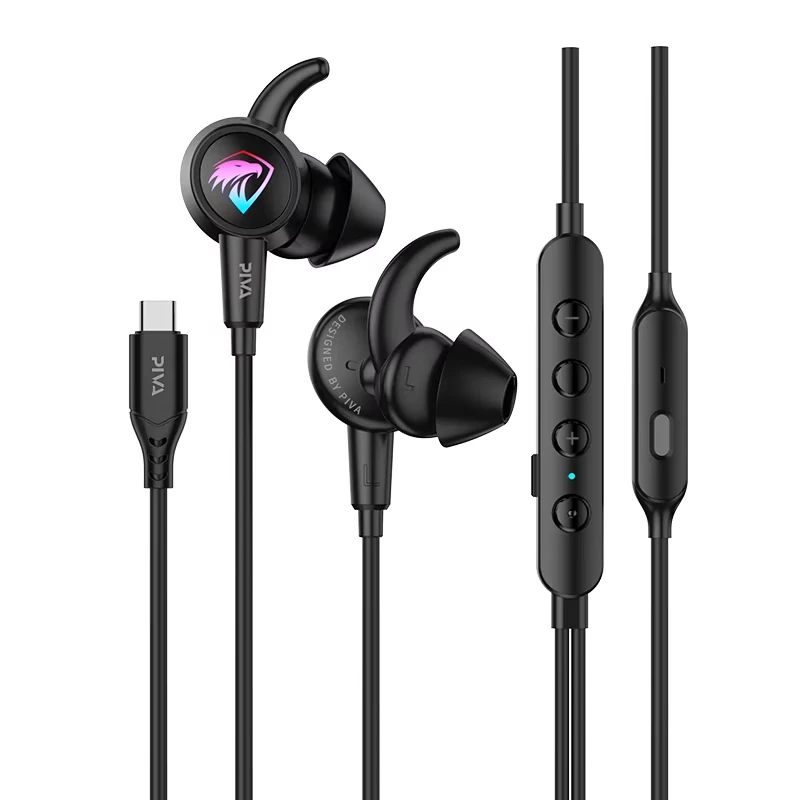 PIVA 1.2M كابل Type-C Interface RGB تأثير الإضاءة المدمج في كارت الصوت مع هيئة التصنيع العسكري داخل الأذن السلكية Esports سماعة الألعاب