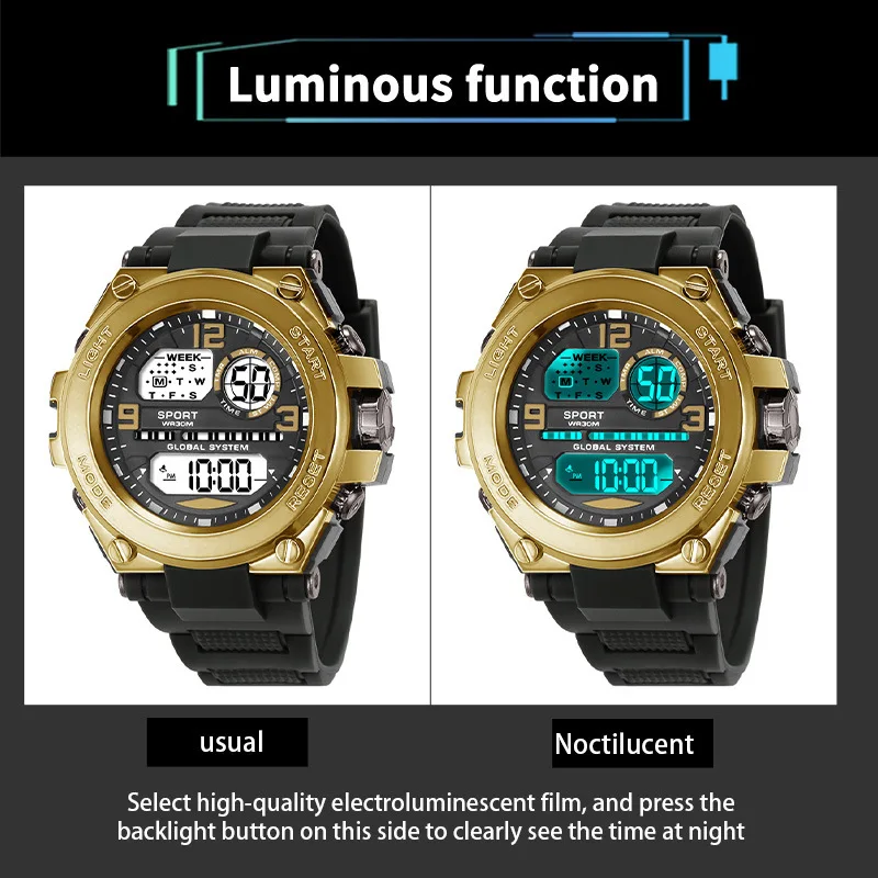 Black Sports Watch for Kids Students Men's Multifunction LED Digital Watch Waterproof Luminous Alarm Clock Electronic Watches