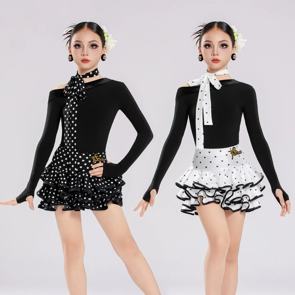2026 Latin Dance Clothes Girls Long Sleeves Tops Polka Dot Skirt Autumn WInter Chacha Dance Practice Performance Clothes