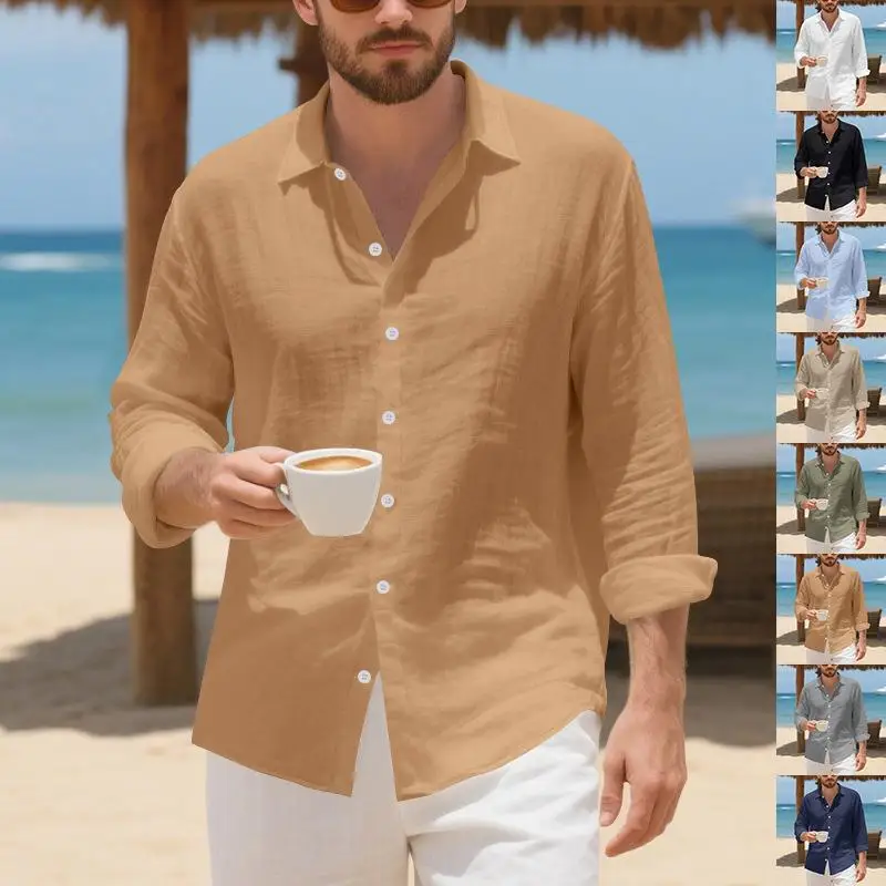 Mufan Men's Long Sleeve Linen Shirt Casual Style Lapel Beachwear Thin Material Daily Scene Pure Color Not Easy to Deform