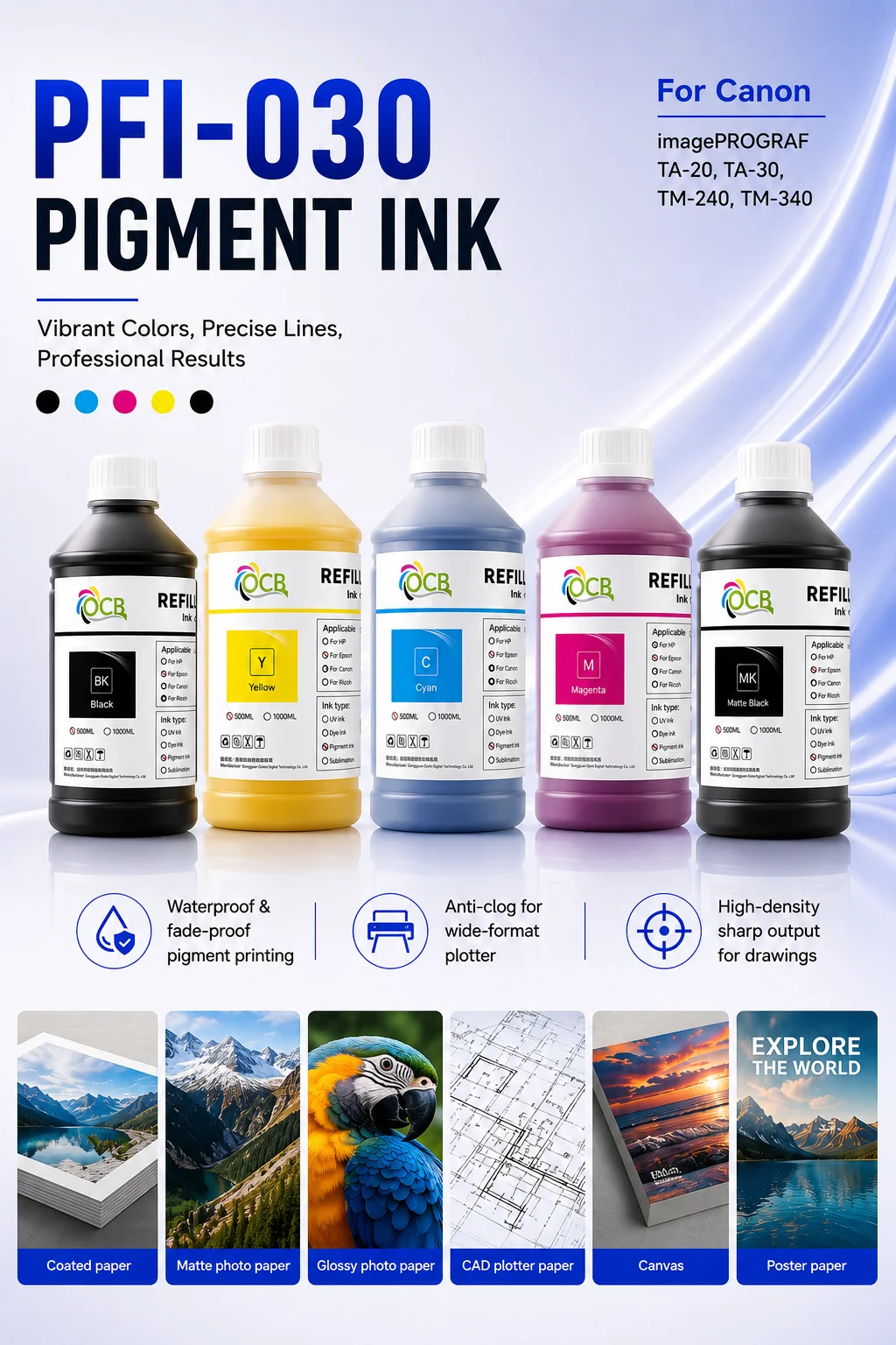 PFI-030 pigment ink For Canon pfi-030 Ink for Canon image PROGRAF TA-20 TA-30 TM-240 TM-340 Printer Pigment Ink 1000ml Bottle