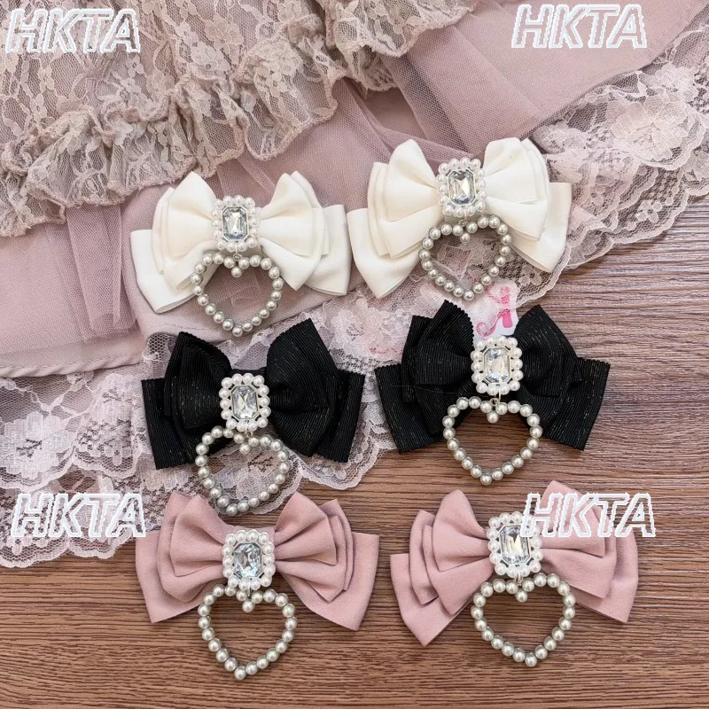 日本製、大量生産のラインストーンとパールの装飾が施されたリボンヘアクリップ。ロリータ風ヘアピン。女の子向け、2026年秋の新作、可愛らしいヘアアクセサリー、女性用。