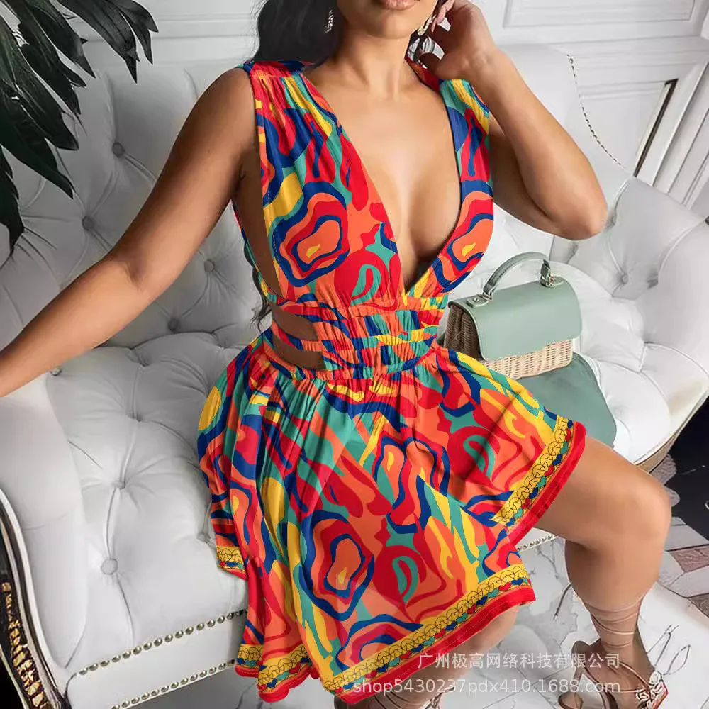 

Summer Women Popular V-neck Printing Dress Sleeveless High Waist Mini Dress Sexy Fashion