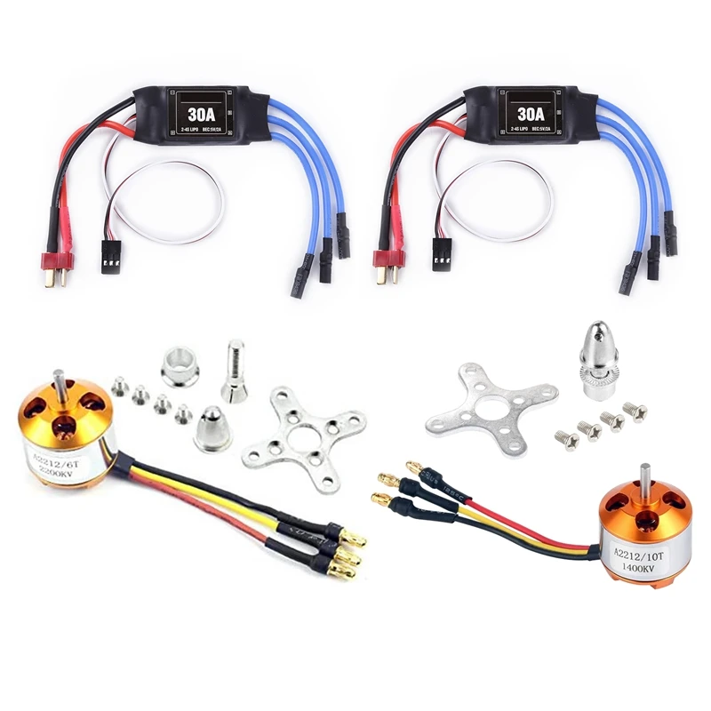 2Pack 2212 1400Kv/2200Kv Brushless Outrunner Motor with Mount 10T/6T+30A ESC for Rc Aircraft Quadcopter UFO