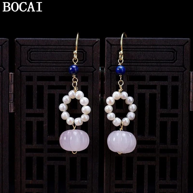 

BOCAI NEW S925 Silver Creative Temperament Lapis Lazuli Pink Crystal Millet Beads Pumpkin Bead Earrings