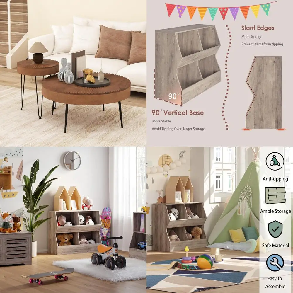 Boho Style Round Coffee Table Duo with Solid Pine Wood Tops and Metal Legs, Including Adjustable Foot Pads