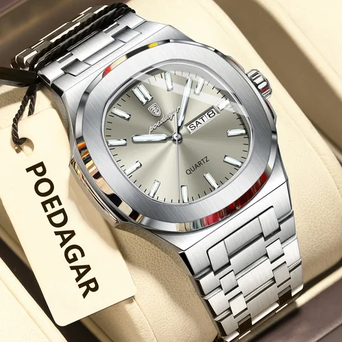 POEDAGAR, relojes originales a la moda para hombre, reloj luminoso resistente al agua con fecha y semana para hombre, reloj de cuarzo de lujo para negocios de acero inoxidable para hombre