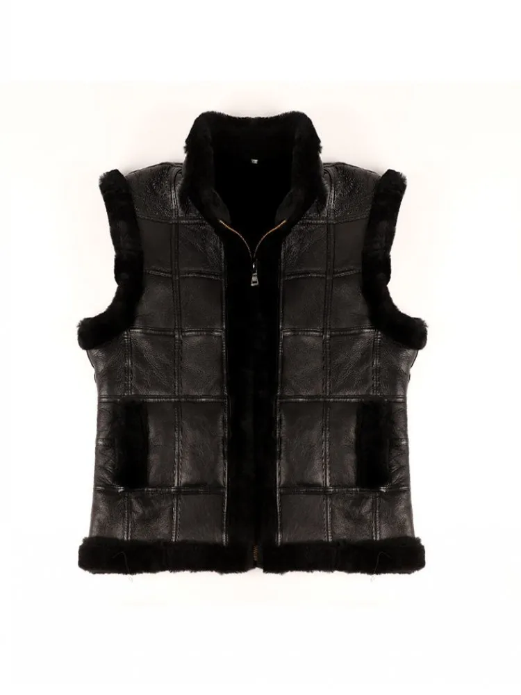 Women Genuine Leather Vest New Winter Thick Warm Wool Lining Waistcoat Zipper Casual Stand Collar Sleeveless Sheepskin Jacket