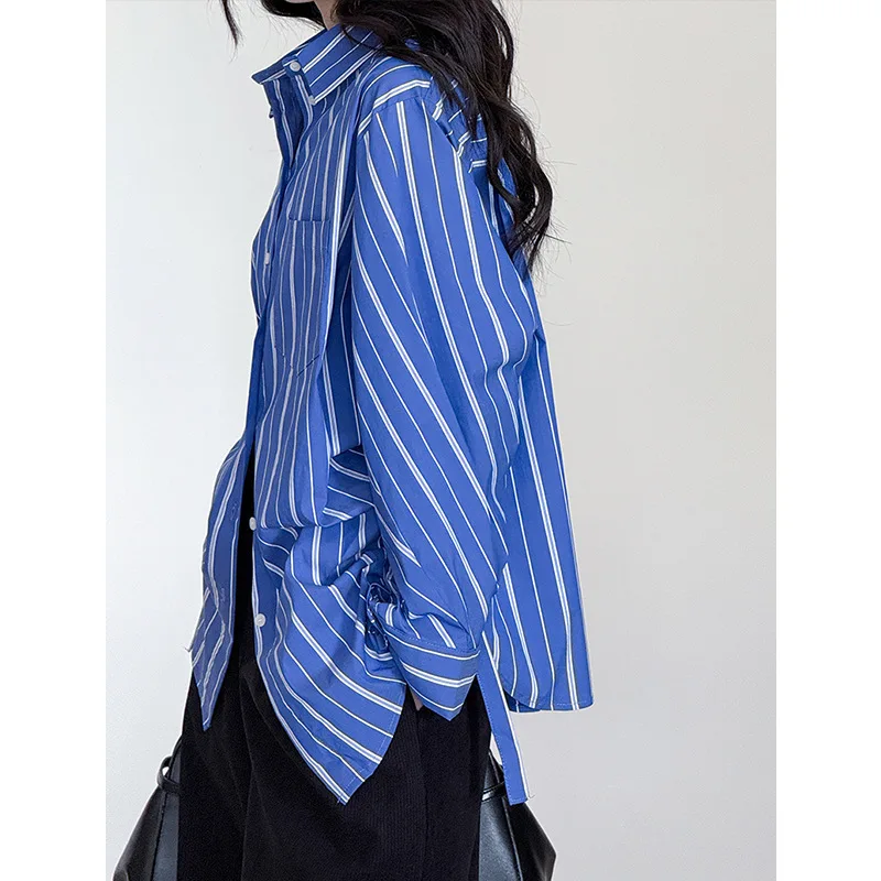 

Autumn Blue Striped Irregular Shirts Women Lace-up Turn Down Collar Loose Pocket Korean Casual Shirt Tops