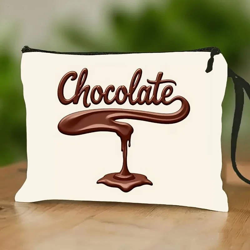 Chocolate-Themed Wristlet Makeup Bag & Toiletry Case - Sweet Chocolate Font Print Zipper Wallet with Top Handle, Lightweight Sui