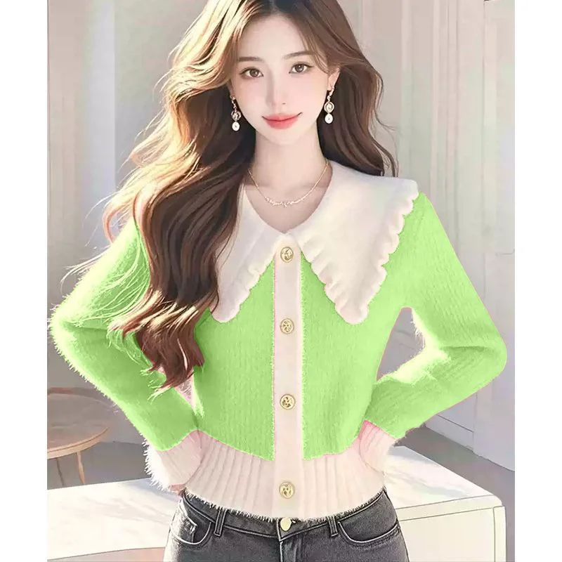 우아한 배색 니트 스웨터 여성용 2026 신상 슬림 봄 가을 겨울 스웨터 탑 한국 여성들에게 높은 평가를 받음