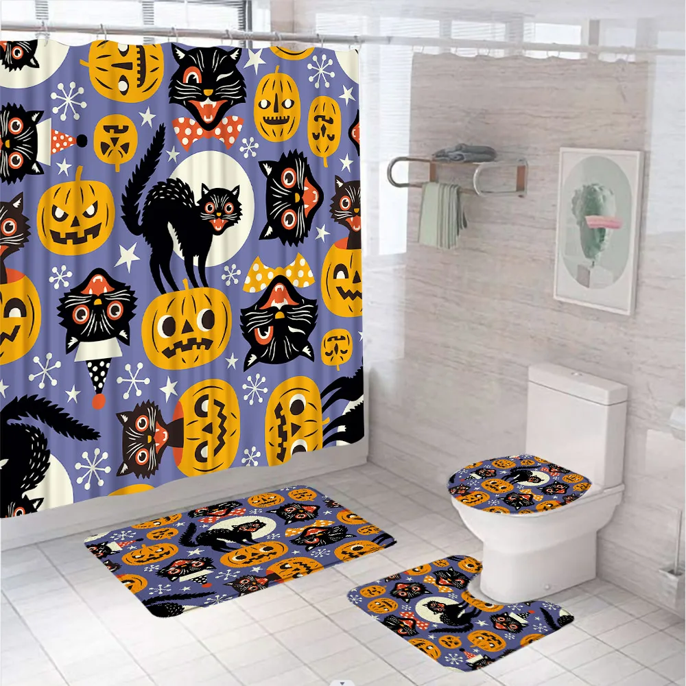 Horror Pumpkin Black Cat Bathroom Set with Shower Curtain Toilet Cover Rug Accessories Halloween Cartoon Bath Curtain Home Decor