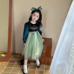 Girls' Autumn/Winter 2025 New Velvet Dress Children Halloween Cosplay Birthday Party Elegant Girl Anna Frozen Queen Green Dress