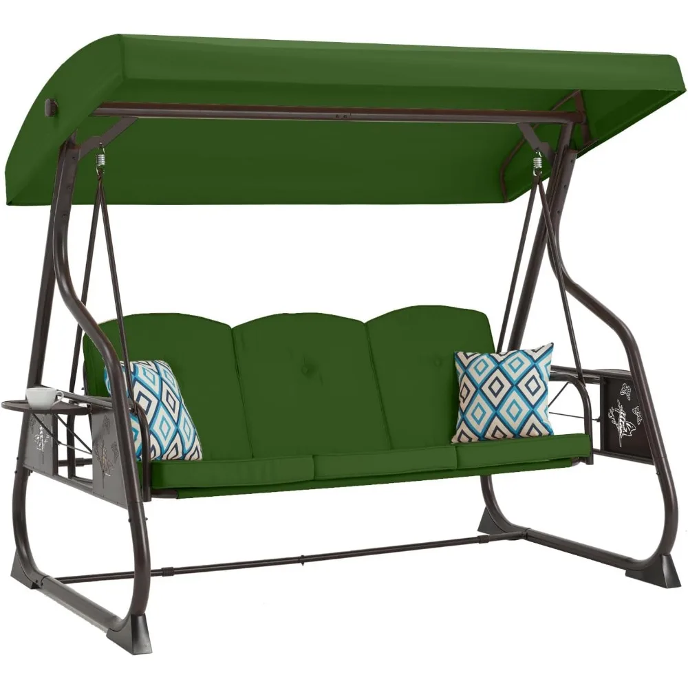 

3-Seat Porch Outdoor Swing with Stand W/Canopy & Adjustable Backrest Patio Glider Chair W/Removable Pillows & Foldable Side Tray