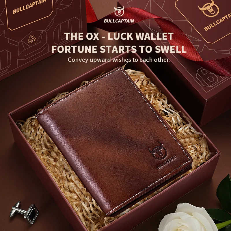 BULLCAPTAIN Mens Wallet Genuine Leather Rfid Blocking Bifold Wallet Card Holder Men's Leather Trifold Wallet with Gift Box