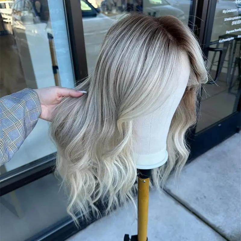 28 Inch Natural Wave Ombre Ash Platinum Blonde Highlighted Synthetic HD Lace Front Wig with Dark Roots for Realistic Hairline