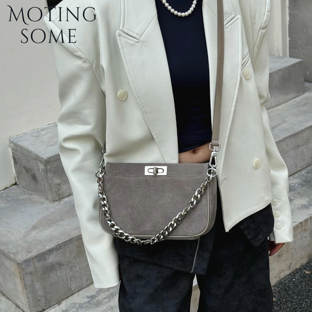 Motingsome Chic Natural Suede Purses Women Daily Saddle Bags Chains Tote Luxury Frosted Skin Handbag Pouch Lady Coffee Tote