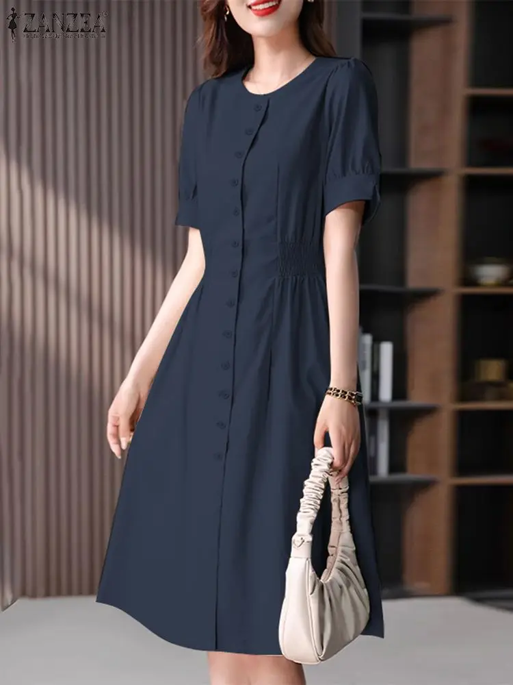 

ZANZEA Women Fashion A Line Dress 2024 Summer Sundress Vintage Short Sleeve Buttons Down Vestidos Elegant Solid OL Work Dress