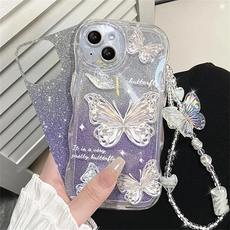 3D Butterfly Bracelet Chain Phone Case For Xiaomi Redmi Note 13 12 Pro Plus 12S 11 11S 10 10S 9S 7 8 9 Pro Max Wavy Back Cover