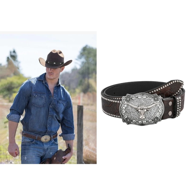 Western Men Belt for Pants Engraved Pattern Waist Belt Ethnic Jeans Belt Pin Buckle Cowboy Belt Teens Vintage Accessory H9ED