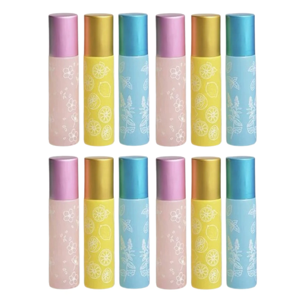 6pcs 두꺼운 유리 에센셜 오일 롤 온 병 스틸 볼 롤러 병 꽃 인쇄 빈 향수 아로마 테라피 병