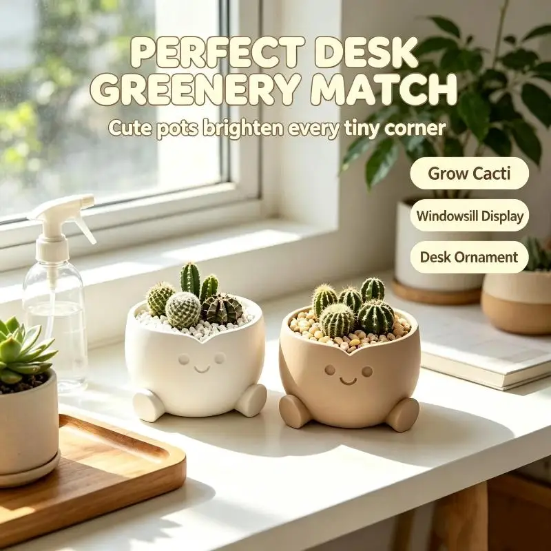 New 3D Printed Cute Smiling Figure Planter Pot Mini Indoor Flower Pot Desk Decor Home Office Gardening Gift