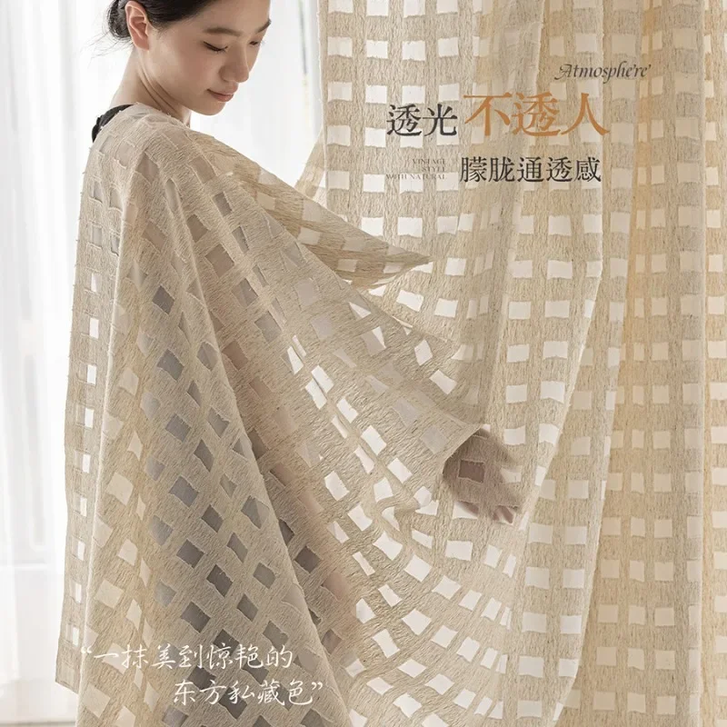 French Vintage-Style Jacquard Linen Sheer Curtains for Living Room Balcony Checkered Allows Light Through But Not People Windows